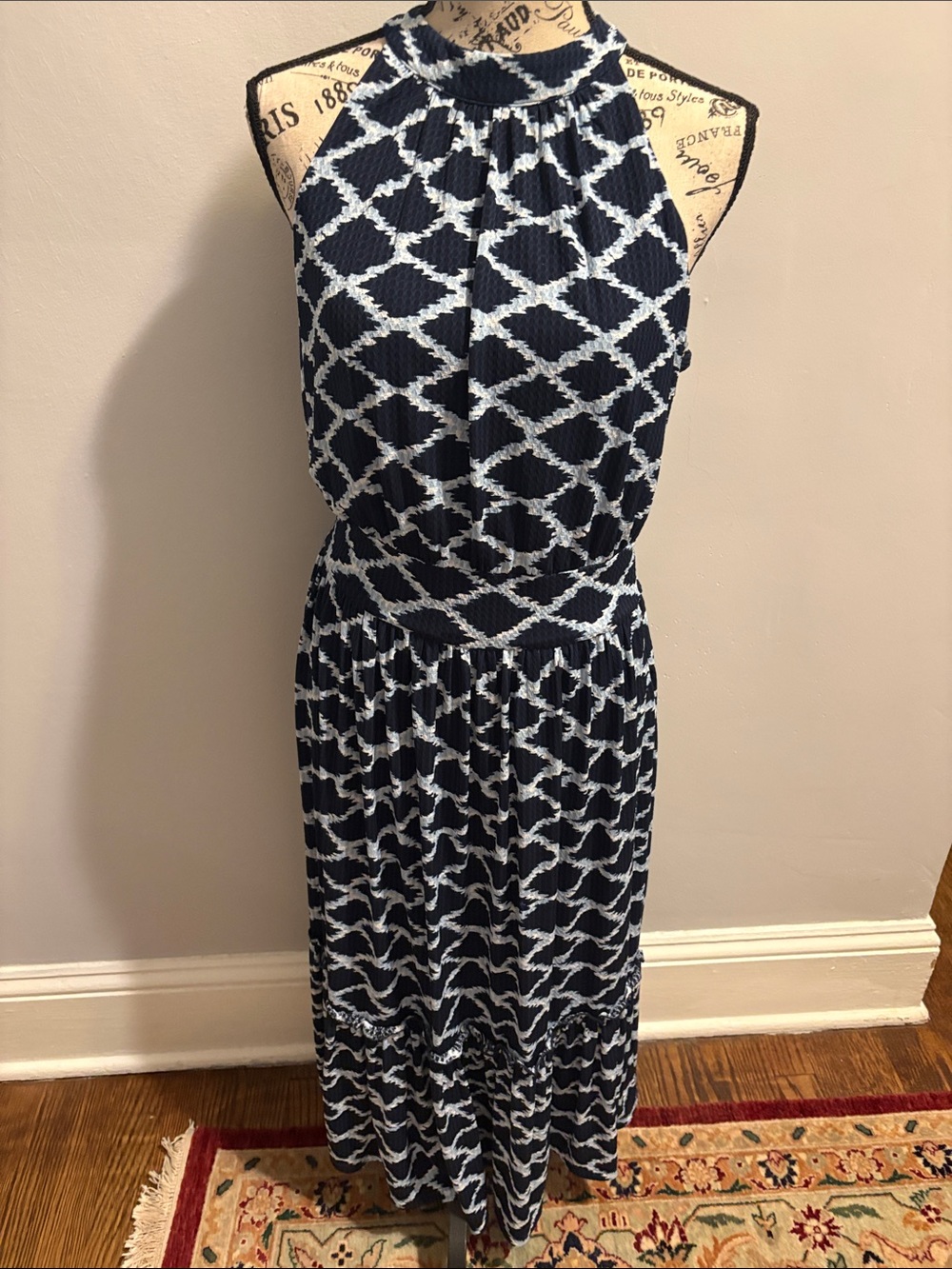 Michael Kors Navy and White Halter Maxi Dress with Geometric Print